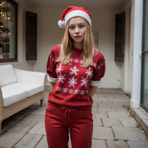 Extremely realistic Russian girl with blonde hair and blue eyes, detailed skin, imperfect skin, full body, wearing red christmas jumper, red trousers, and christmas hat, no hands