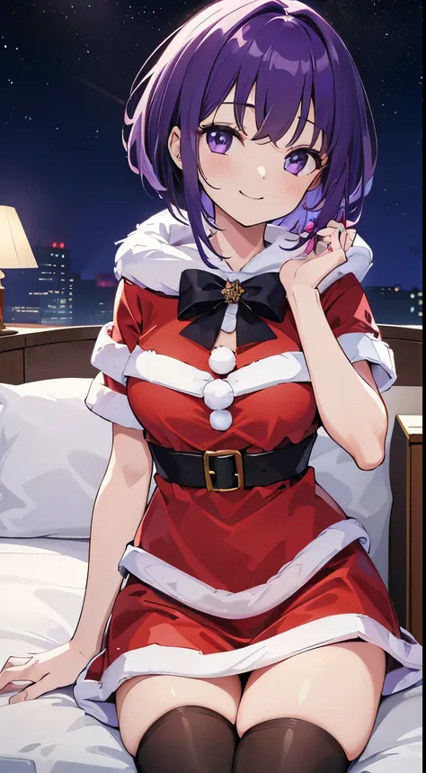 (tmasterpiece，4k wallpaper，best qualtiy))、((girl with１a person))、(独奏)、Brilliant，(Purple hair)、short-cut、a smile、santa claus、bedroom、Christmas