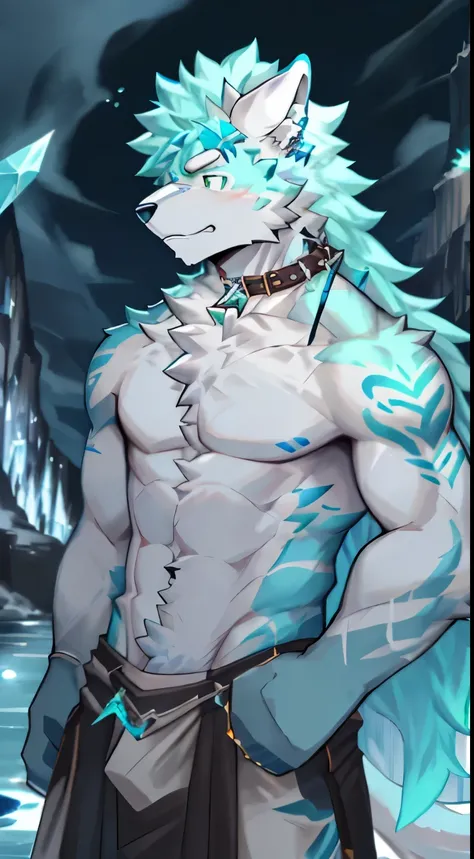 the only person，hairy pubic，Human biology，Male white wolf，grey fur，Gray tail，White ear bleeding - green eyes，Muscle tissue，male people，（The hairy pubic feeling of animal earull bodyesbian，Blue pick dye，Collar，Loincloth，blue tattoo， crystal tattoo，wave tatt...