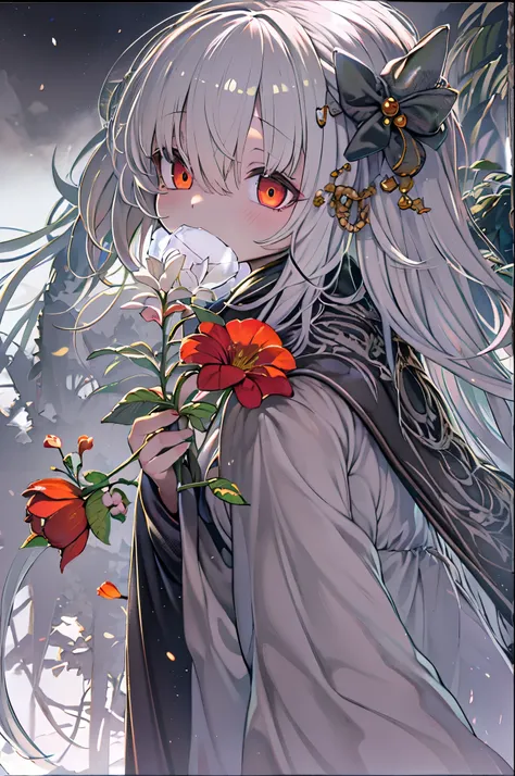 1girl in,Solo,1girl in,Solo,((Beautiful detailed eyes)), (Detailed light),depth of fields,(White hair),Silver eyes,Hair over one eye,(Red flower ), Hair Flower,Long hair,Black cloak,Wet,deadpan,Looking back,Night,starfall,Sateen,Fog,Red flowers falling,ske...