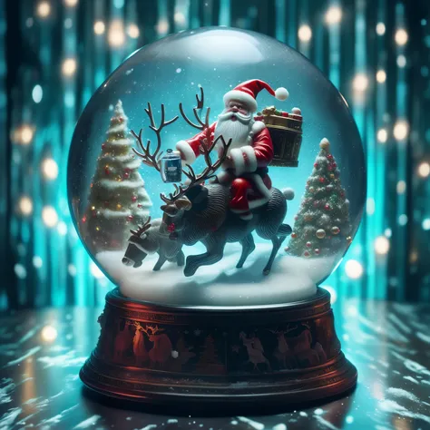 a close up of a snow globe with a santa claus riding a reindeer, snowglobe, snow globe, inside a snow globe, santa claus, holiday season, santa, santa clause, 🕹️ 😎 🔫 🤖 🚬, a hyper realistic, detailed scene, best on adobe stock, crystal ball, magical scene, ...