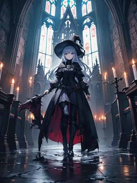 fisheye lens, beautiful witch girl, portrait photo of medieval knight standing inside a gothic church, wet stone, puddles, infinite vaults, bloodborne, dramatic light, low key, candle light