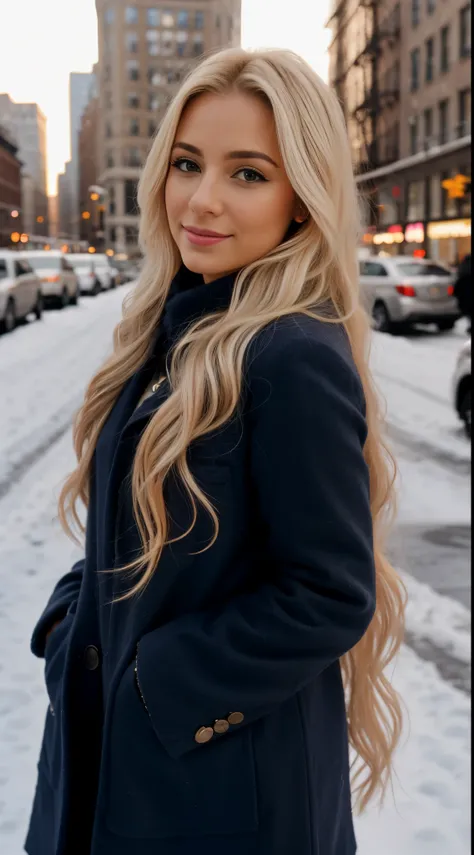 __hair color_blonde_, Latina woman, long hair, New York City background, winter, professional, 4K, HD, UHD, 8K, high detail, ultra definition