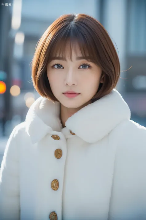 ((top-quality、8K、​masterpiece:1.hot reality(1.4))、Raw photo、40 years、ligh brown hair、Bob Hair,short-hair,Japan person with super delicate face、Delicat eyes、二重まぶた,Looks a little cold,wearing a thick coat、Snowy city、