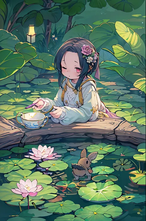 There is a girl sitting on a leaf, (Whiteware Resh color scheme, There are stuffed animals, Guvez style artwork, popular in CGSTATION, illustratio:Li Song, soft anime, Lying on a mat of water lilies, Sitting on a lotus flower, Cute and detailed digital art...