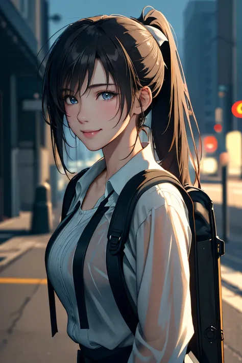 fashion style, masterpiece, best quality, 8k, artstation, sharp focus, (ultrarealistic:1.5), (high details:1.4), raw photo of a young woman, street smiling, backpack, ponytails, faded, complex stuff around, intricate background, soaking wet, (Cinematic:1.4...