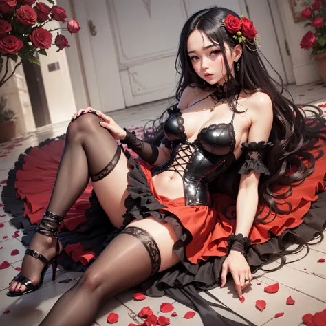 A beautiful woman in a red and black corset lying on a bed of red rose petals. She is wearing a long red skirt and black high heels. --auto --s2