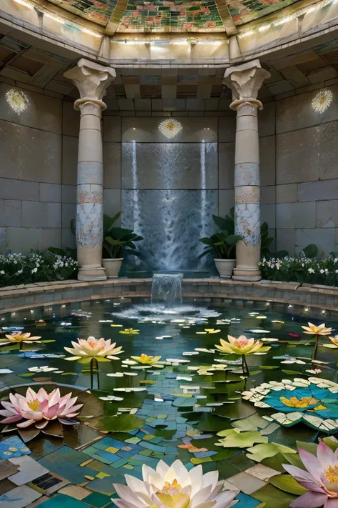 incroyable salle de bain europeen mur en mosaique avec beaucoup (((plante luxuriante fleurs magnifiques)), (fleurs de lotus), ((...