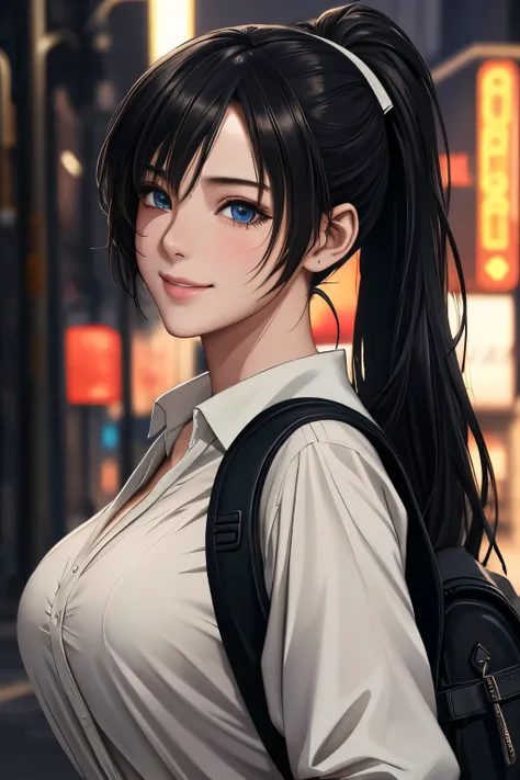 fashion style, masterpiece, best quality, 8k, artstation, sharp focus, (ultrarealistic:1.5), (high details:1.4), raw photo of a young woman, street smiling, backpack, ponytails, faded, complex stuff around, intricate background, soaking wet, (Cinematic:1.4...