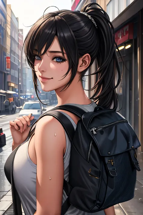 fashion style, masterpiece, best quality, 8k, artstation, sharp focus, (ultrarealistic:1.5), (high details:1.4), raw photo of a young woman, street smiling, backpack, ponytails, faded, complex stuff around, intricate background, soaking wet, (Cinematic:1.4...