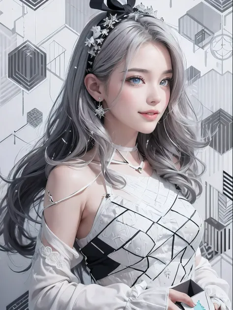 (Realistic:1.8), (Digital art:0.2), (Geometric art:1.7),(agpi official art, beautiful and aesthetic, ultra detailed, beautiful, masterpiece, best quality:1.6), (1girl:1.2), Detailed face, Detailed eyes, Detailed hair, young fingers, Detailed fingers, five ...