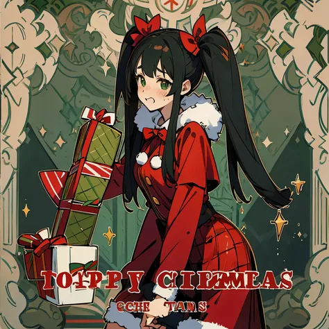 Santa Cosplay,Side twin tails，A dark-haired,Green Mesh，Long，Christmas，Embarrassed，laugh