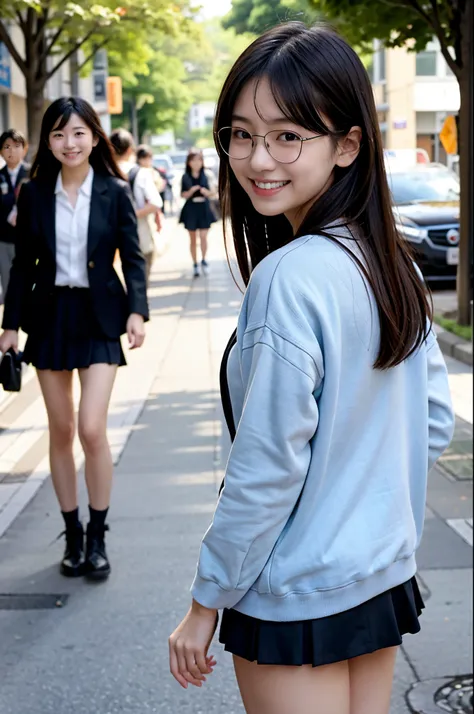 8K、Top image quality、​masterpiece、夏天、Japan high school girl meets friends on her way to school。She smiled、Black-rimmed square glasses、blazers、a miniskirt、lowfers、sideshot