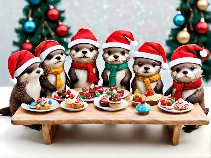 (sticker). | masterpiece in maximum 16k resolution. | (otters dressed in santa hats and scarves, gathered around a beautifully d...