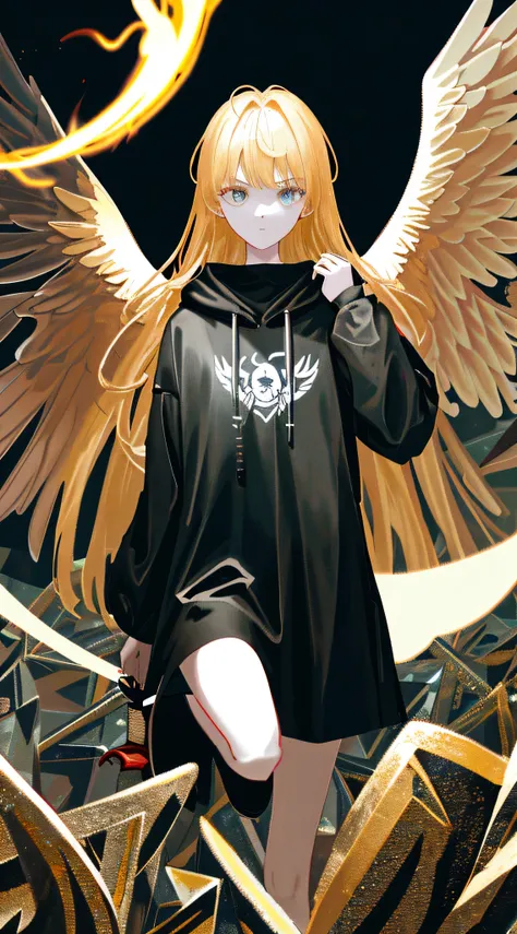 actual, 4K, Angels with big wings, Blackn clothes, one sword, hooding&#39;War background image (disarray)