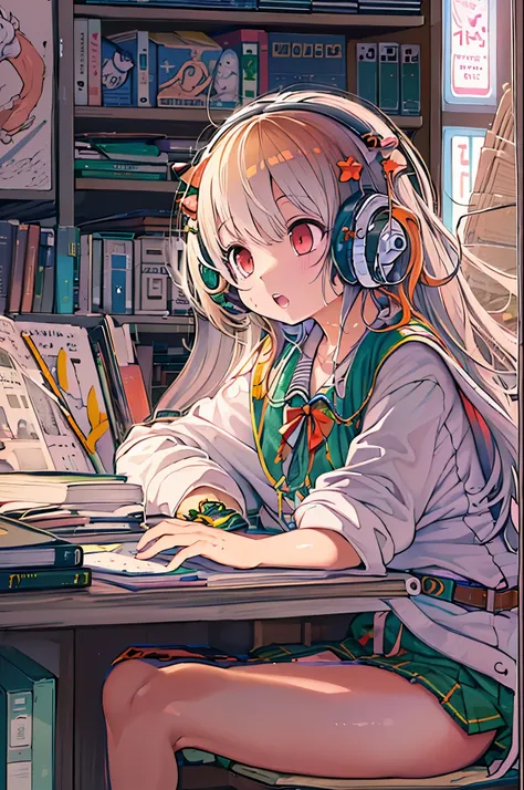 Anime girl sitting at desk with headphones when writing, Anime style 4 k, digital anime illustration, digital anime art, Anime style. 8K, anime moe art style, anime art wallpaper 4k, anime art wallpaper 4k, Anime style illustration, Smooth Anime CG Art, de...