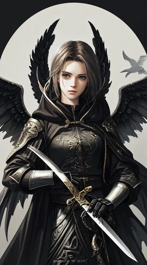 actual, 4K, Angels with big wings, Blackn clothes, one sword, hooding&#39;War background image (disarray)