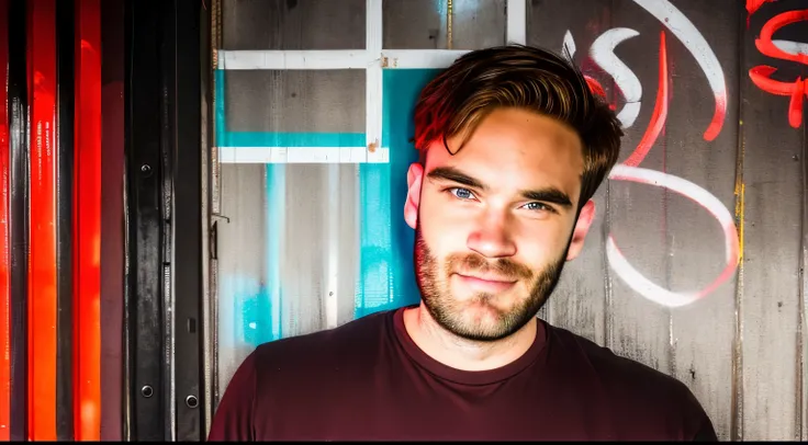 (masterpiece) (best quality) (HDR) (8k) portrait of PewDiePie clean shaved wearing a red and black t-shirt in a trashy alley at night, detailed, half portrait shot, DSLR, dark theme, two tone lighting, exquisite details