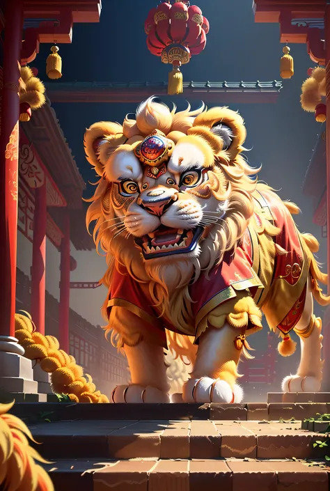 Traditional Chinese lion dance,Chinese awaken the lion,Chinese lion dance,Golden fur,Cute furry,Lovely and detailed digital artwork,Cute digital painting,4k highly detailed digital art,8k high-quality detailed art,cute detailed artwork,digital painting hig...