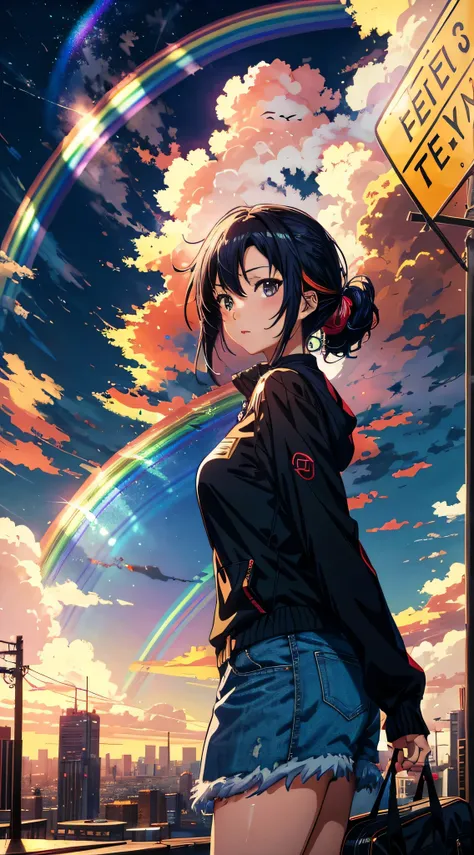 ((rainbow daytime sky))、Anime girl looking at big city scenery,Near Future City、 makoto shinkai cyril rolando, Anime art wallpaper 4k, Anime art wallpaper 4k, Anime art wallpaper 8K, inspired by Cyril Rolando, Dan Mumford art style, Stunning wallpapers, au...