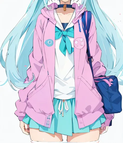 Anime girl with long blue hair and pink jacket, Cyan hair anime girl, Anime visuals of a cute girl, style anime, Pink ponytail and cyan eyes, as an anime character, An anime girl, anime set style, Aya Takano color style, Beautiful anime high school girl, a...