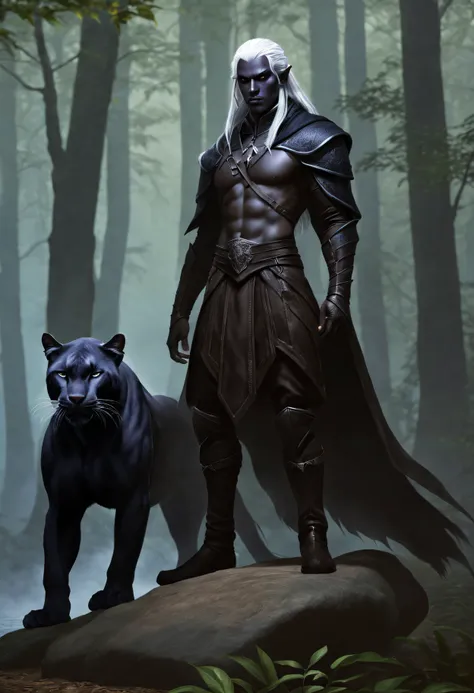 Drow Drizzt and his panther companion Guenhwyvar, author R. a. Salvatore, dark elf, full pose, full - body