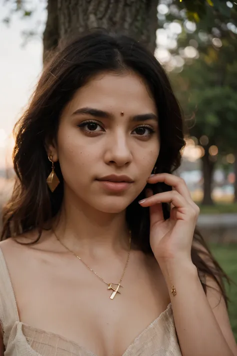 1 indian girl,(sharp focus), blurry background, depth of field, earrings, hair over one eye, jewelry, lips, long hair, necklace, ring, solo, sunlight, sunset, golden hours, tree, upper body, ((shot on arri alexa LF)), bokeh , (extremely symmetrical perfect...