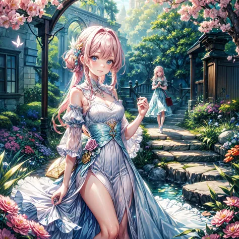 (best quality, 8k, masterpiece:1.2, nsfw ),Cutest,Cute girl,mesugaki,Beautiful face,Beautiful eyes,Beautiful hair, Light pink hair,Lots of colorful flowers,sunshine,peaceful garden,summer dress,holding a book,smiling,golden hour lighting,vibrant colors,hap...