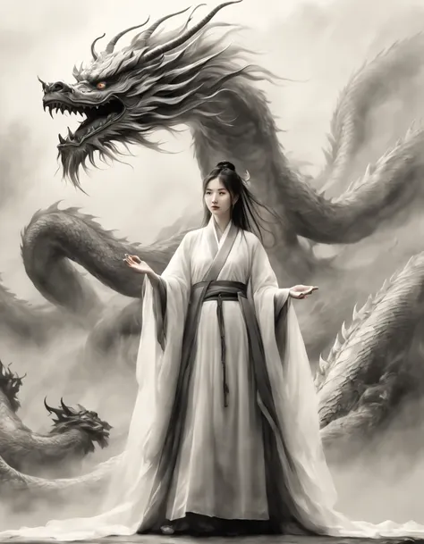 china style，中景 the scene is，the taoist priest stood in front of a huge transparent dragon，reaching out her hands，long messy hair...