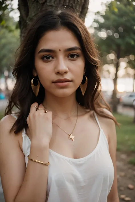 1 indian girl,(sharp focus), blurry background, depth of field, earrings, hair over one eye, jewelry, lips, long hair, necklace, ring, solo, sunlight, sunset, golden hours, tree, upper body, ((shot on arri alexa LF)), bokeh , (extremely symmetrical perfect...