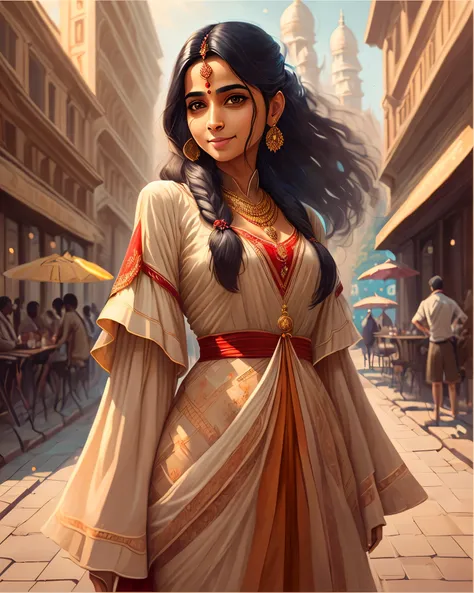 (selfie plan 1.4)portrait of A confident-looking indian woman princess with long flowing hair, hazel eyes, Smiling, walking, looking front, jewellary color red, Red lawn color, covering both shoulders, Coffee shop background, bokeh perfect composition, hyp...