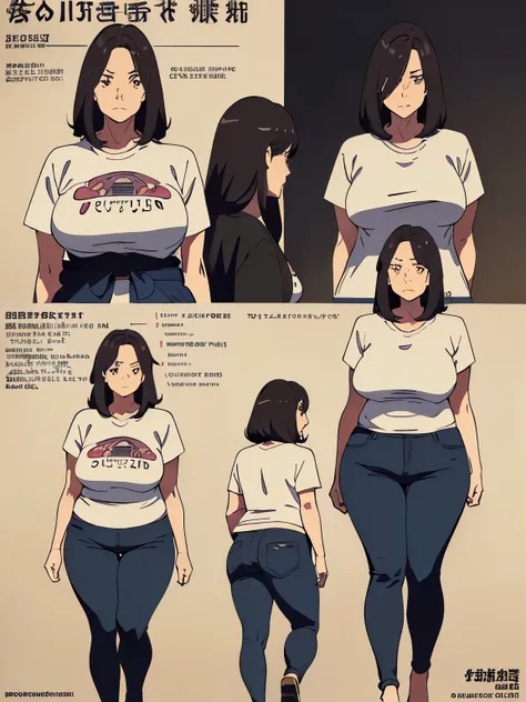 ((Best Quality,4K,8K,masutepiece)), 1woman,T-shirt, skinny pants, (CharacterDesignSheet:1.3, Same character, front, Side, Back,Various expressions) , (multiple views), (Anime style:1.3), (hyperdetailed body), (hyperdetailed Face), (Narrow eyes), (((tareme)...