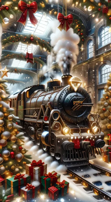 christmasdecorativestyle locomotive train, (masterpiece:1.3) (best quality:1.2) (high quality:1.1)