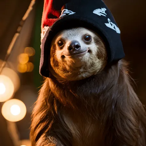 Sloth in a New Year&#39;s hat with a weapon in the post-apocalypse