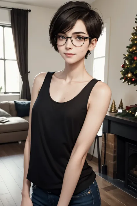 An androgynous female woman with glasses. Very short hair. Short manly haircut. Dark-brown hair with a undercut. Very pale skin with freckles and liverspots. Round soft face. Round soft chin. Round soft cheeks. Curved lips. Long wide nose. Dark brown eyes....