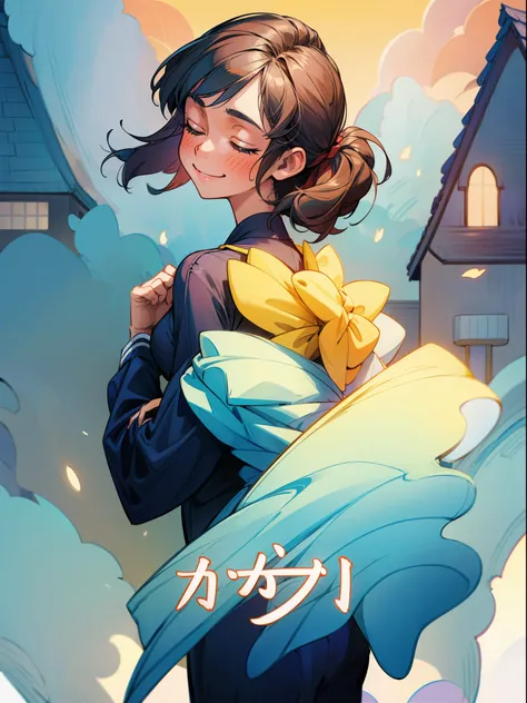 masterpiece, high quality, illustration, your name movie style, one woman, home, house, suit, undressing, back, closing eyes, smiling, close up