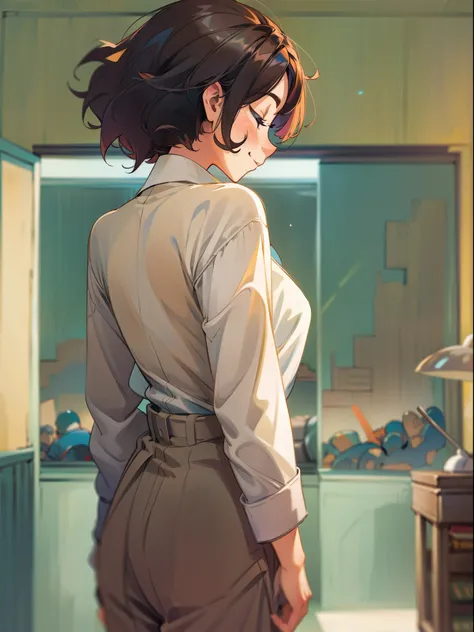 masterpiece, high quality, illustration, your name movie style, one woman, home, house, suit, undressing, back, closing eyes, smiling, close up