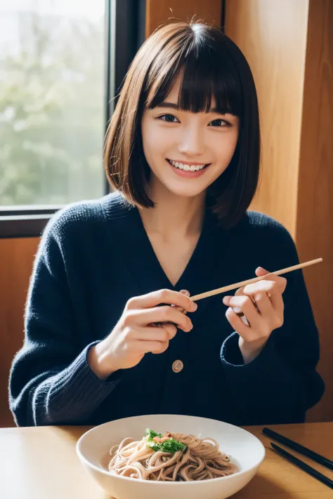 (Best Quality,4K,hight resolution,masutepiece:1.3)、18-year-old woman、Exquisitely perfect face、black short hair、Flat bangs、long eyeslashes、Beautiful dark eyes,big eye、Sheer eyes、Symmetrical eyes,Detailed nose、Jagged teeth、Detailed nose、a smile、Wearing a nav...