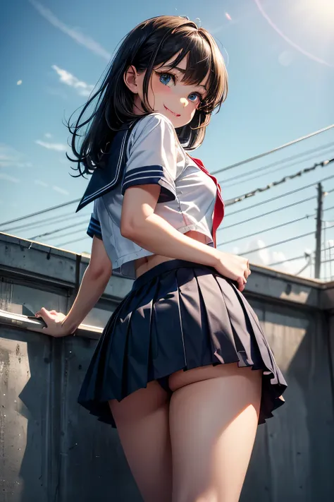 Very cute and beautiful girl,(very detailed beautiful face and eyes:1.2), Smile,Black hair,Sailor School Uniform,(Navy blue pleated mini skirt),(From below:1.2),Looking back,from behind,Leaning forward, Summer,School rooftop,building,chain-link fence, (Bes...