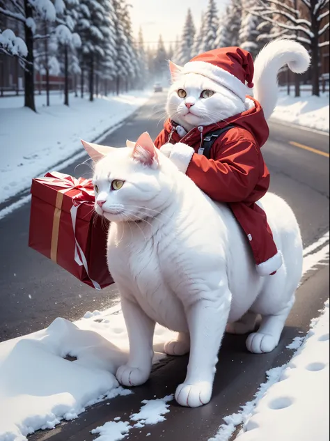 Cute white cat,Santa Costume、Snow on the road、Christmas tree、a smile