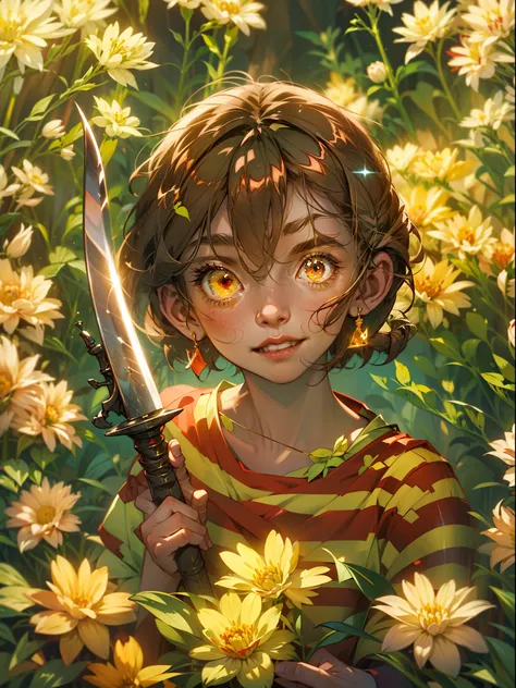 Red eyes, girl, holding a knife, yellow-green striped shirt, red eyes glowing red, head tilted, short brown hair, with a clear smile on his face, Chara, two-dimensional, standing among golden flowers with a ray of light above his head