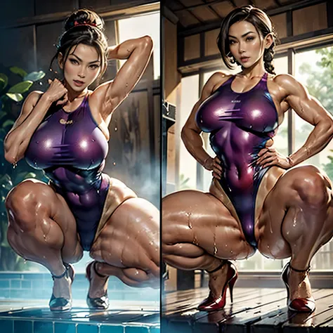 ((tmasterpiece,Best quality)),k hd,[[[[Complicated details]]]],Cinematic,realistically, Best quality,tmasterpiece,超高分辨率,(realistically:1.4)，(Sexy toned mom wearing very high-cut and high-waisted red micro one-piece swimsuit:1.5)，Twist braids，(Toned muscula...