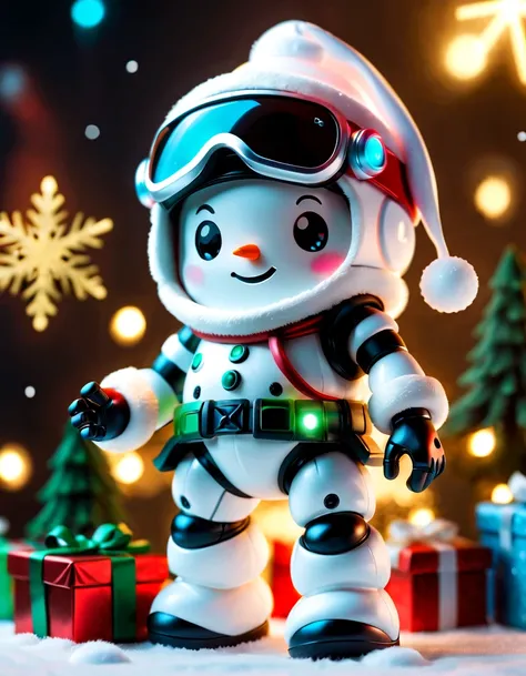 （a blind box toy)，(Sticker:1.5），（Full body photo），An open Christmas gift box reveals a transparent and cute Christmas snowman，Transparent mech，Exquisite Christmas hat：1.2，Luminous goggles：1.2，cyber punk personage，Dreamy glow，ren，white backgrounid，（globalil...