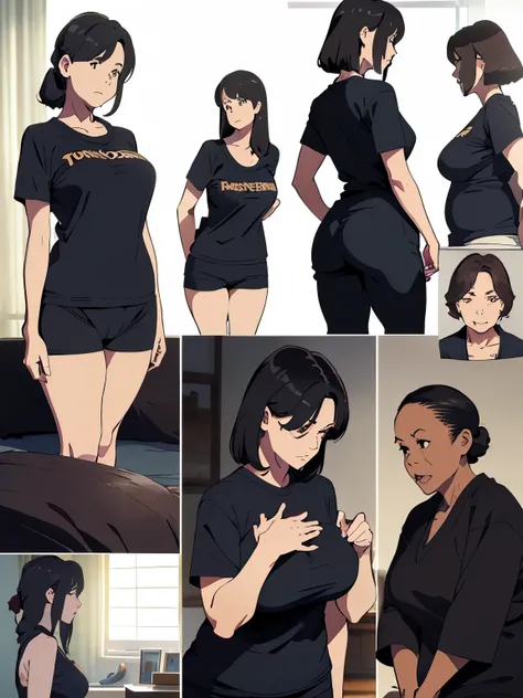 ((Best Quality,4K,8K,masutepiece)), 1woman,T-shirt, sweat pants, room slipper, (CharacterDesignSheet:1.3, Same character, front, Side, Back,Various expressions) , (multiple views), from below, (Anime style:1.3), (hyperdetailed body), (hyperdetailed Face), ...