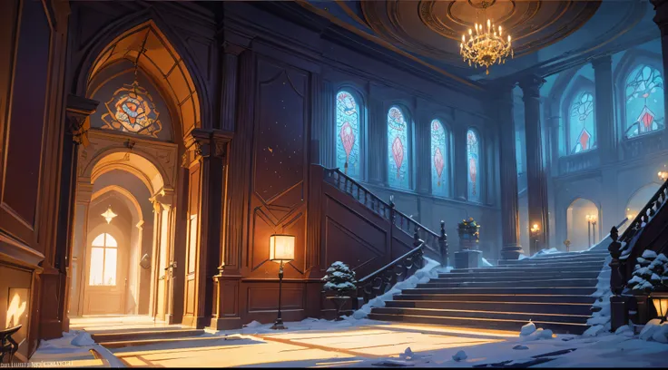 Bright, (((cArtoon style))), inside a large rich hall of a house with New Year&#39;s decorations, ((night time)), stairs in the background, leading to the second floor, and a window with rich velvet curtains., rich house inside, No snow, no human, illustra...