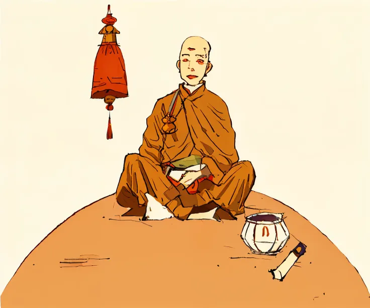 buddha in坐在桌子上，there is a and a bell on the table, monk monk a meditative,  monk, , monk,  monk,  zen meditation,  a meditative,...