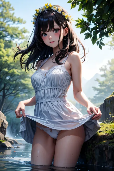 Very cute and beautiful girl,Floral yellow summer dress with detailed ruffles,Sleeveless,(Skirt lift,White panties),(very detailed beautiful face and eyes:1.2), Cowboy Shot,Smile,Black hair,flowercrown, (Standing by a water fountain in the forest),Fog,fant...