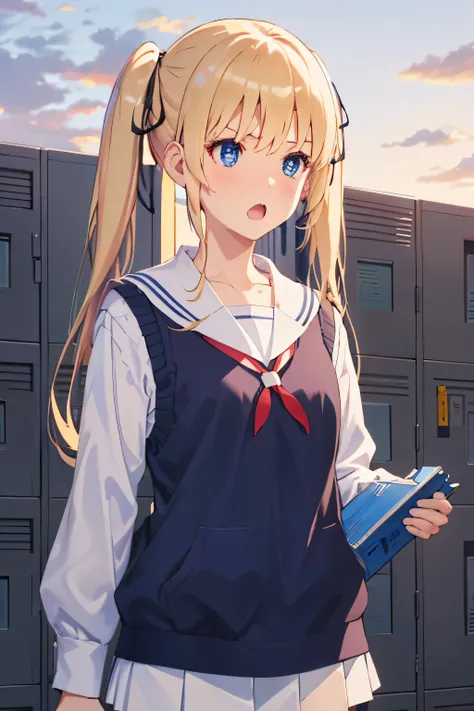 ph_eriri, sawamura spencer eriri, 1girl, blonde hair, blue eyes, school uniform, twintails, solo, fang, long hair, open mouth, hair ribbon, locker, anime coloring, parody, serafuku, blush, bangs, sweater vest, black ribbon, cloudy sky, sky, trees, (masterp...