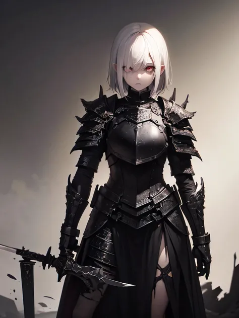 (horror art), dark tentacle horror, dark anime girl, short white hair, black liquid eyes, black wounds, (broken massive sword), long skirt made of broken iron, Pierced plate armor, black oil fluids, refuge, highly detailed art