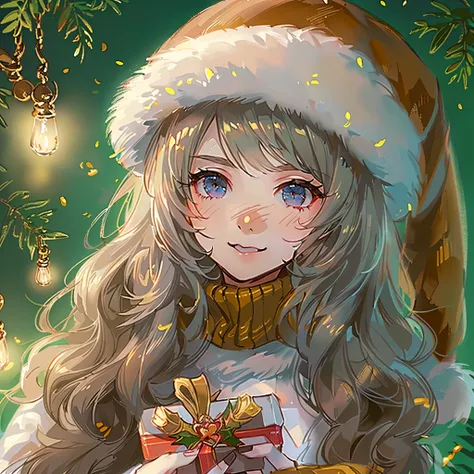 christmas，enviroment，A cute girl，wearing christmas clothes，Take the gift，Anatomical correct，（high high quality），（A high resolution）,The content is very detailed